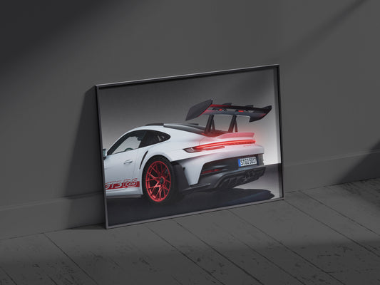 Porsche 911 GT3 RS neon LED back light frame wall art glowing vividly in a dark room setting.
