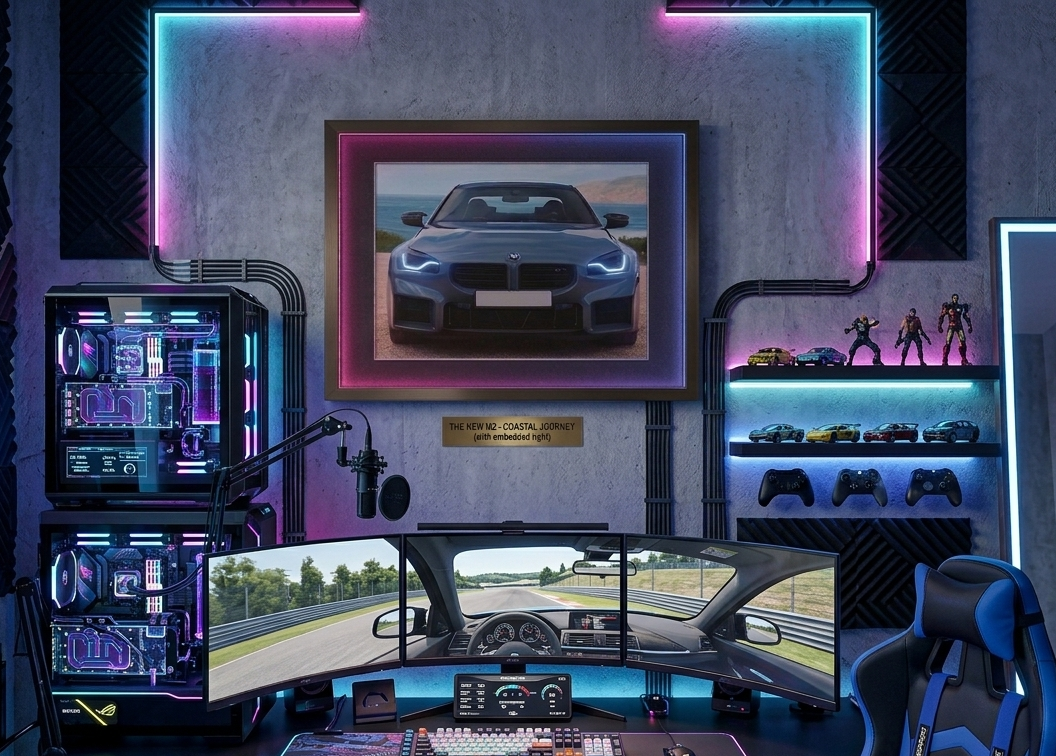 2x1.5 foot framed BMW M2 Coastal Journey car art print with built-in pink and blue LED frame lighting mounted on a modern concrete wall.
