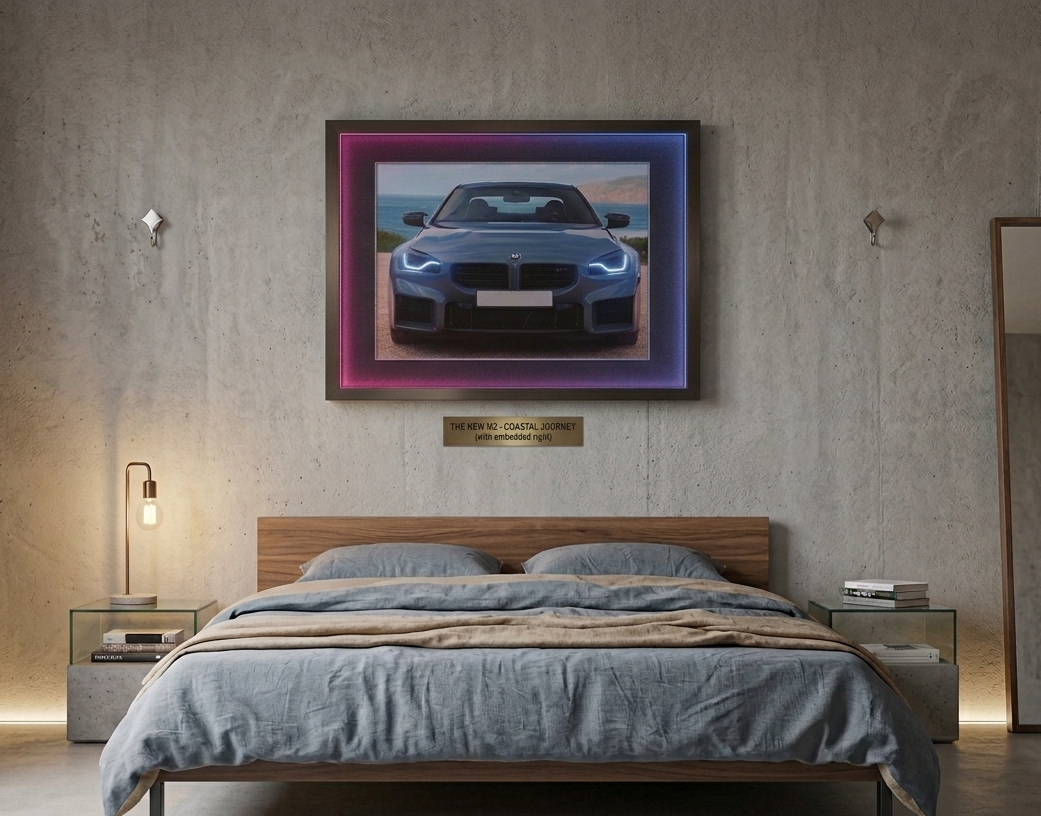 2x1.5 foot framed BMW M2 Coastal Journey car art print with built-in pink and blue LED frame lighting mounted on a modern bedroom